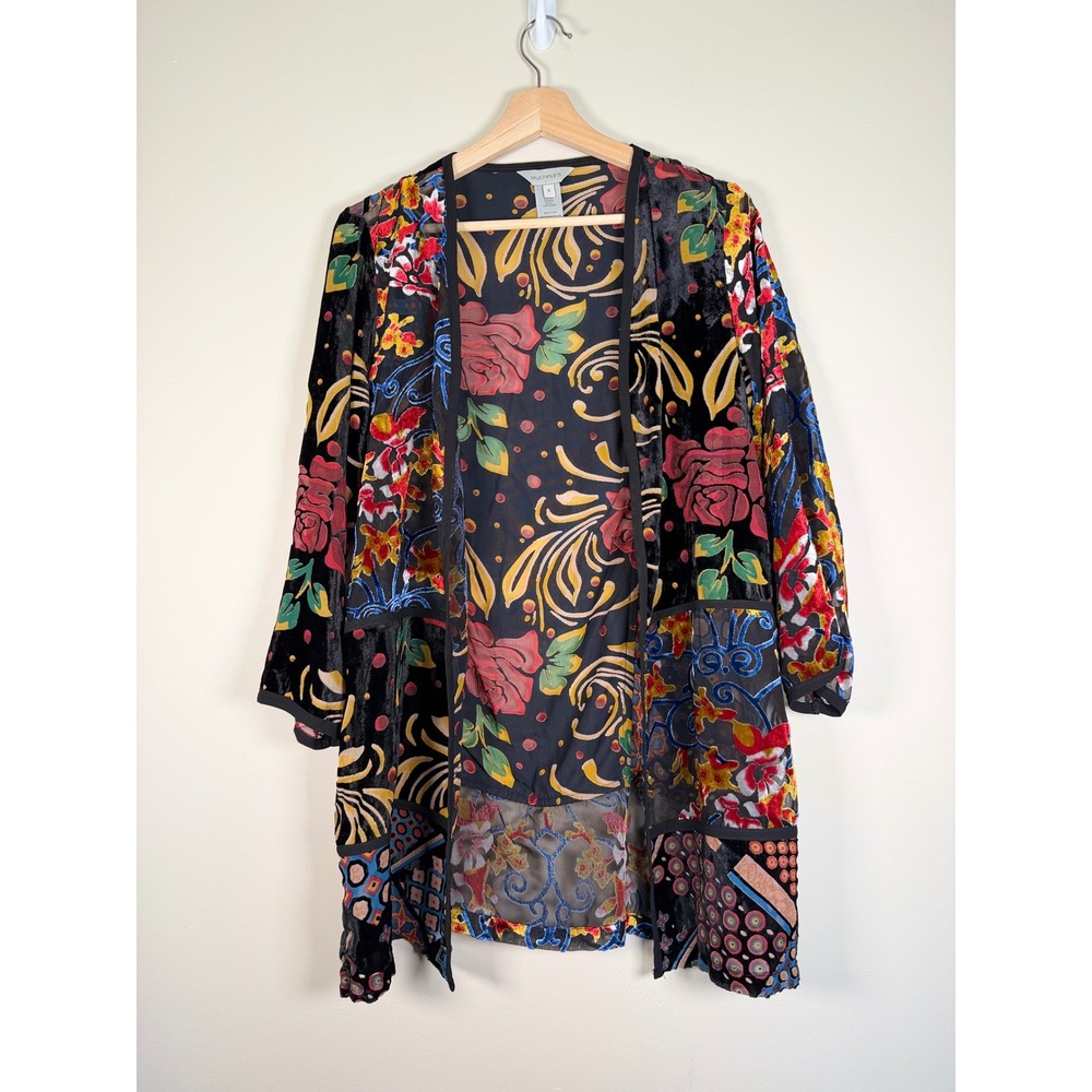 Multiples Small Burnout Velvet Floral Patchwork Kimono Cardigan Black Rose - Picture 2 of 9